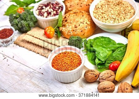 High Fiber Foods On White Wooden Background