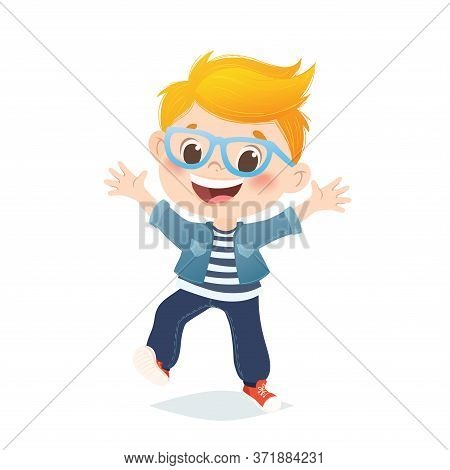 Vector European Boy With Eyeglasses Jumping And Laughing. Cartoon Funny Character Design, Isolated O