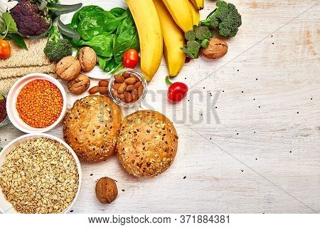 High Fiber Foods On White Wooden Background