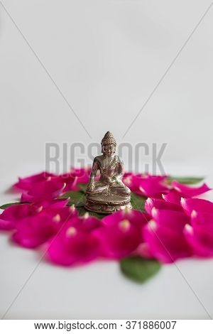 Silver Metal Statue Of Buddha Sitting In Meditation Lotus Pose In Floral Circle Mandala On White  Em