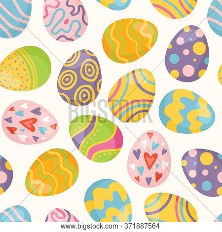 Seamless Spring Easter Vector Pattern With Colorful Eggs Isolated On White Background. For Cards, In