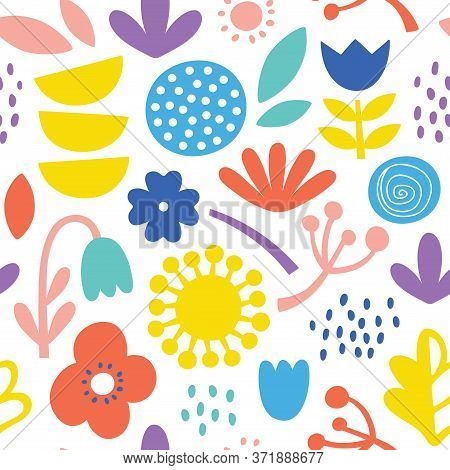 Lovely Minimal Scandinavian Cute Colorful Vector Seamless Pattern With Flowers, Plants And Leafs In 
