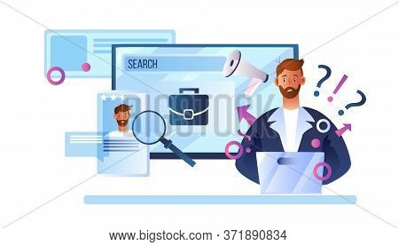 Vector Illustration With Male Character Using Laptop To Search Job Online. Unemployment Concept With