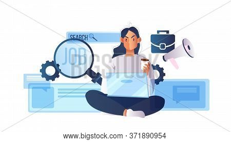 Vector Illustration With Young Female Student Using Laptop. Online Job Search Concept With Magnifier