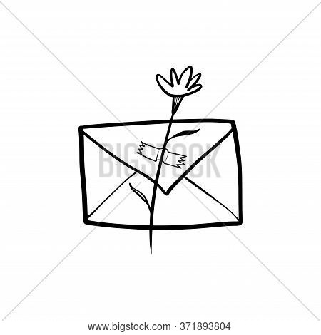 Isolate Closed Letter. The Envelope With The Flower Is Glued With Tape. Cartoon Black Vector On A Wh