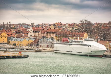 Visby, Sweden - April 2018: City Overview Over The Pier In Visby. Gotland, Sweden