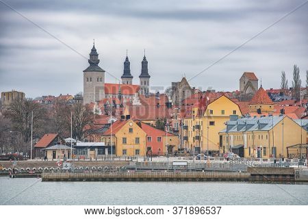 Visby, Sweden - April 2018: City Overview Over The Pier In Visby. Gotland, Sweden