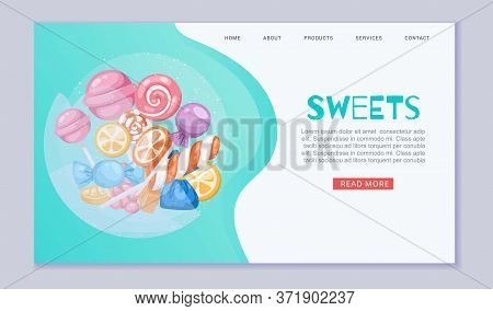 Candy Sweet Landing Banner, Vector Illustration. Web Page With Colorful Food, Sugar Snack Cartoon De