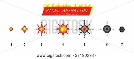 Nuclear Explosion. Pixel Art 8 Bit Fire Objects. Game Icons Set. Comic Boom Flame Effects. Bang Burs