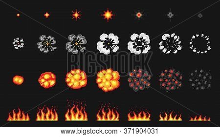 Pixel Art 8 Bit Fire Objects. Nuclear Explosion. Game Icons Set. Comic Boom Flame Effects. Bang Burs
