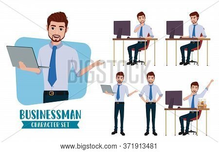 Businessman Character Vector Set. Business Man Characters In Standing And Sitting Presentor Pose And
