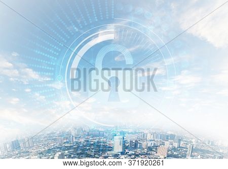 Global Cybersecurity Mixed Media With Virtual Locking Padlock On Cityscape Background. Data Cryptogr