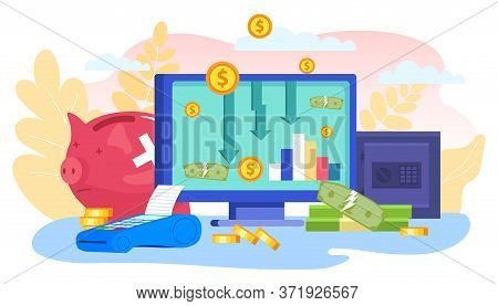 Financial Crisis Business Concept At Computer Screen, Vector Illustration. Finance Investment Loss, 