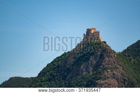 View Of The Abbey Of San Michele Della Chiusa,piedmont, Italy. Footage From The Mountain On The Oppo