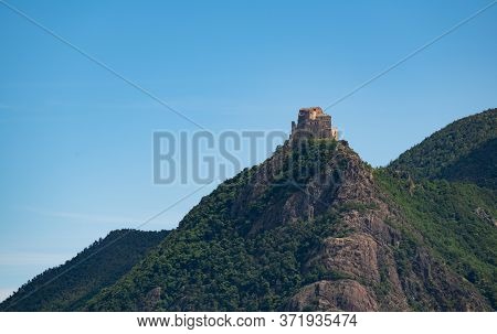 View Of The Abbey Of San Michele Della Chiusa,piedmont, Italy. Footage From The Mountain On The Oppo