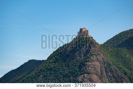 View Of The Abbey Of San Michele Della Chiusa,piedmont, Italy. Footage From The Mountain On The Oppo