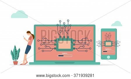 Firmware System Update Computer And Smartphone Concept In Flat Vector Design. Woman Use Smartphone S