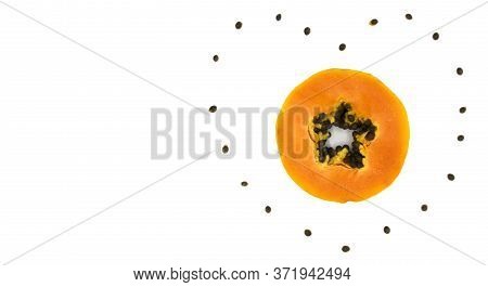 Top View Papaya Cutting Shape Of The Heart On Ehite Background. Smoothies. The Flat Lying Structure.