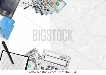 Office Flat Lay Composition With Calculator, Address Book And Other Office Items On Brown Wooden Tab