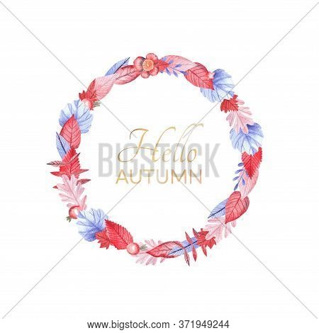 Watercolor Round Frame Of Autumn Orange And Blue Leaves On White Background. Thanksgiving Or Greetin