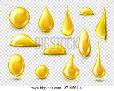 Golden Drops Of Oil Or Honey Isolated On Transparent Background. Vector Realistic Mockup Of Liquid Y
