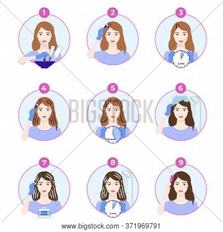 Hair Dyeing Icons Set. How To Dye Hair At Home Tutorial.