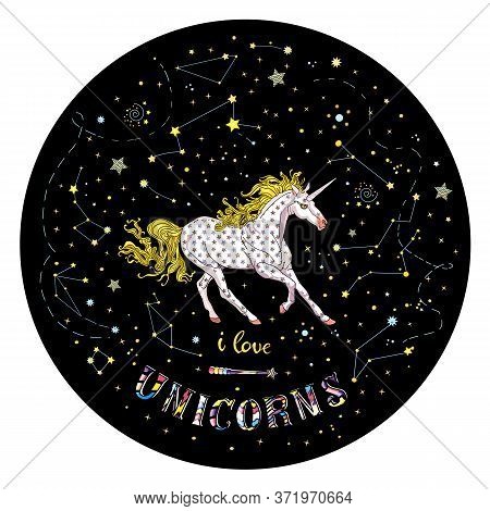 Cute Illustration Of Starry Skitish Unicorn Inside Black Circle With Galaxy, Stars, Constellations, 