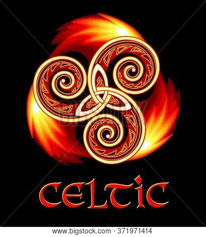 Fantasy Drawing Of Celtic Disk Ornament Of Triskele Symbol With Fire And Flames. Breton Folk Ethnic 