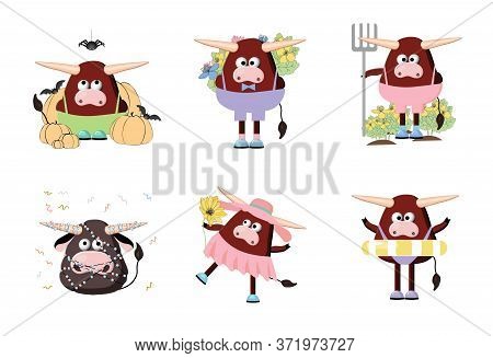 Bull Character, Cartoon Ox. Symbol Of 2021. Cute Ox Vector Illustration On A White Background. Anima