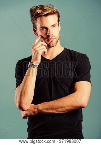 Man Well Groomed Handsome Hipster Wrist Watch. Function As Stopwatch. Expensive Luxury Accessory. Co