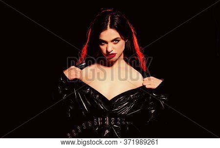 Feminine And Glamorous. Passionate Attractive Woman Makeup Face. Red Lips Smoky Eyes. Passionate Lad