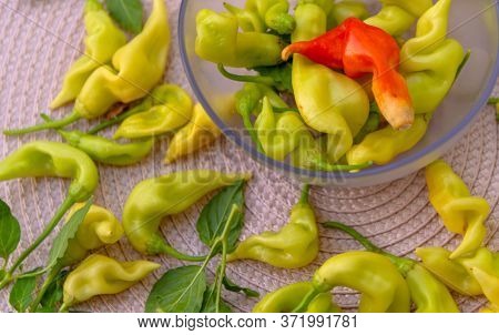 Capsicum Baccatum Pepper In A Bowl And Scattered On The Floor On A Light Background