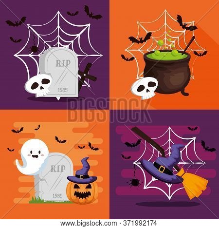 Happy Halloween Card With Set Icons Vector Illustration Design