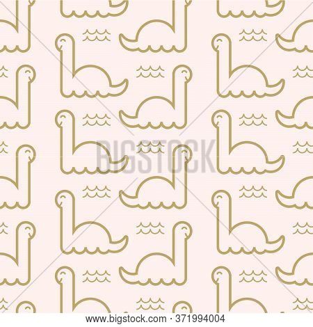 Cute Long Neck Dino And Waves Pattern In Baby Pink. Vector Seamless Pattern Design For Baby, Fashion