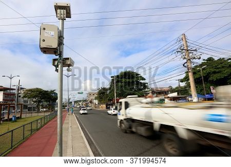Salvador, Bahia / Brazil - October 17, 2016: Vehicle Driving Near Photosensor For Speeding Detection