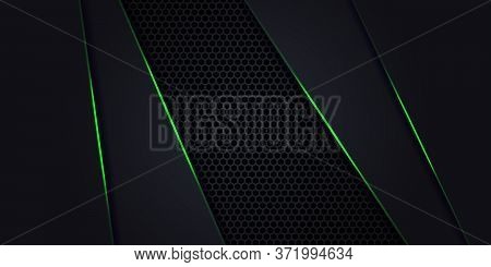 Dark Abstract Background With Hexagon Carbon Fiber. Technology Background With Green Luminous Lines.