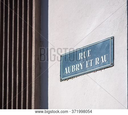 Vintage Sing Of Rue Aubry Et Rau Street In Orangerie Neighborhood, Strasbourg France