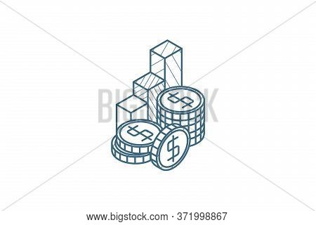 Columns Of Golden Coins And Chart Isometric Icon. 3d Line Art Technical Drawing. Editable Stroke Vec