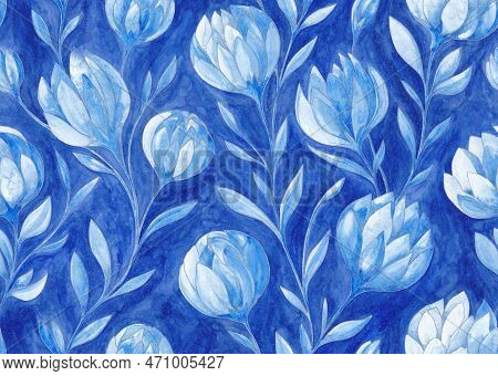 Vintage Bright Blue Floral Seamless Pattern. Watercolor Painting Blue Flowers With Silver Contours O