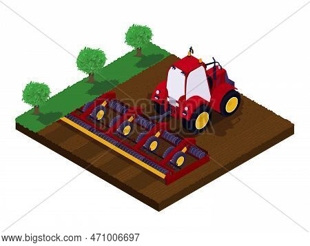 Isometric Agricultural Composition With Open Field Scenery And Green Tractor With Plow Turning Up Th