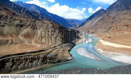 Sangam, The Confluence Of River Indus And River Zanskar Near Leh In Ladakh Of India.