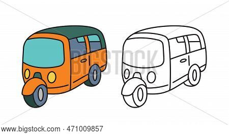 Cute Tuk Tuk Vehicle Illustrations, Coloring Page For Kids, Coloring Book Set