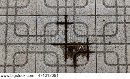 Engine Oil Leakage On Concrete Floor. Black Engine Oil On Concrete Floor. Engine Oil Leak From The E
