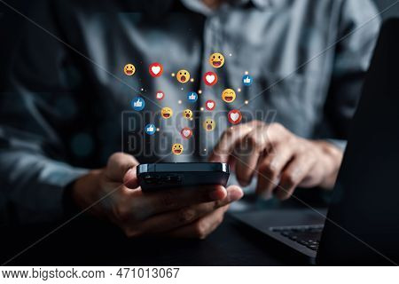 Social Media And Digital Online Concept, Man Using Smart Phone With Social Media. Resting With Inter