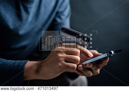 Verify Security On Technology Payment Concept. Man Typing Credit Card Number For Payment In Online S