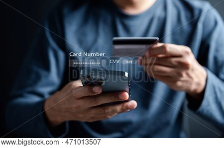 Verify Security On Technology Payment Concept. Man Typing Credit Card Number For Payment In Online S