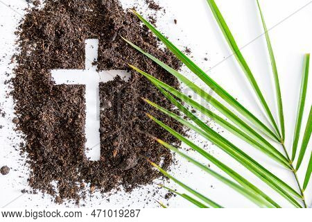 Christian Cross Or Crucifix Drawing In Ash, Dust Or Sand As Symbol Of Religion, Sacrifice, Redemptio