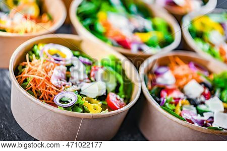 Paper Boxes With Pre-packaged Vegetable Salads Ready For Sale