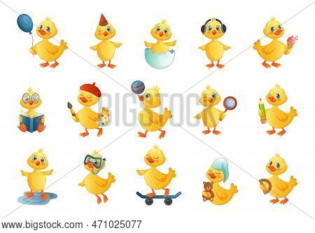 Cute Duck Chicks. Duckchicks Activities. Student Babies With Books And Magnifier. Teacher And Yellow