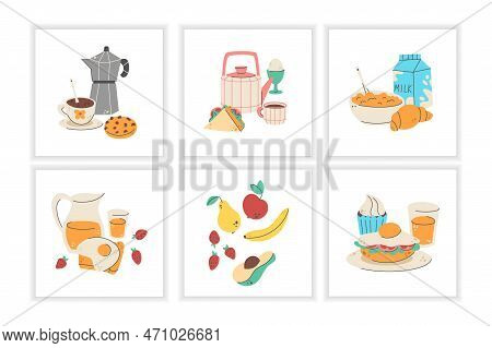 Morning Breakfast Snacks, Tea And Coffee. Doodle Style Croissant, Egg Food, Bananas And Porridge, He